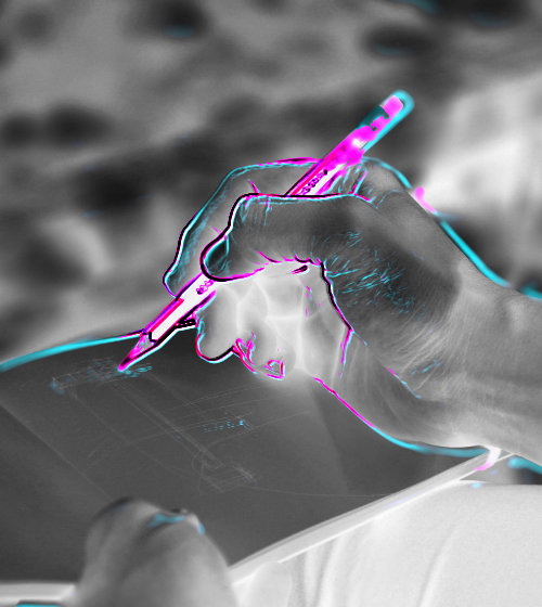 A digitally altered photo of a hand drawing in a notepad with a pencil