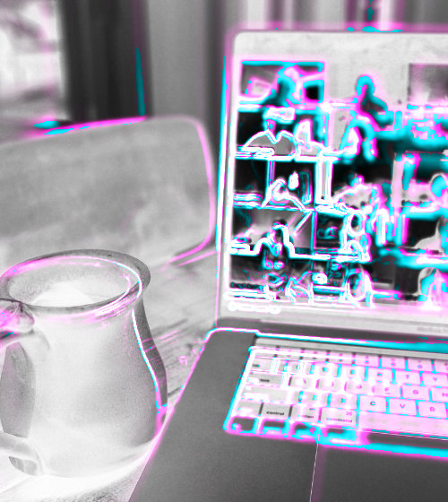 A digitally altered photo of an online meeting with multiple people on camera